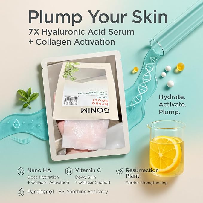 GONIM Face Mask Korean Skin Care with Hyaluronic Acid Serum & Collagen Activation, Hydrating Face Masks Skincare with Vitamin C, Moisturizing Sheet Mask for All Skin, Korean Face Mask 20 Sheets