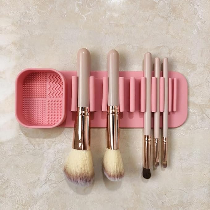 Silicone Makeup Brush Holder with Suction Wall Mount, Cosmetic Brush Drying Rack, Storage Organizer, Pink and Gray，2 Piece
