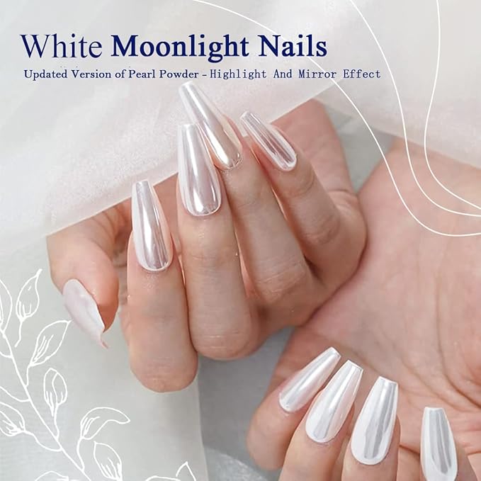 Pretty Diva White Chrome Nails Powder - 0.3g Super Glossy Mirror Effect White Moonlight Chrome Powder for Nails Manicure Pigment, Beginner-Friendly for Gel Nails