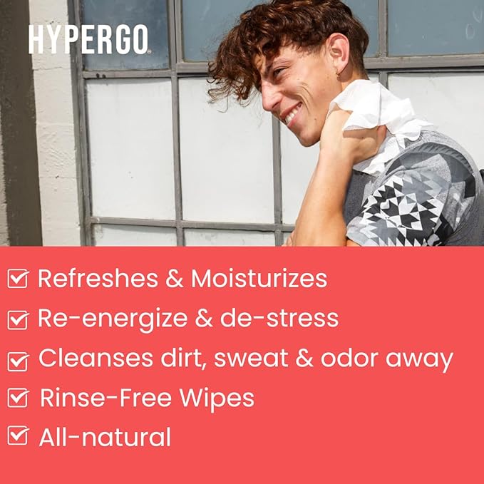 HyperGo XL Body Wipes for Women & Men – 12" x12" Rinse-Free Full Body Cleansing Wipes 2-20 Count Packs - Citrus | Biodegradable, Hypoallergenic, Aloe-Infused | Gym, Festival, Camping Essentials