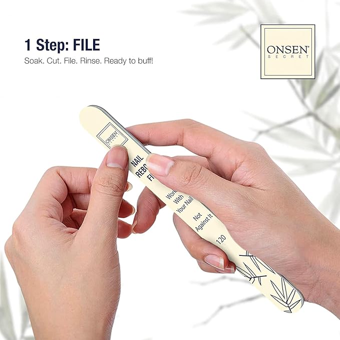 Onsen Secret Complete Nail Reboot Kit w/Cuticle Oil 10ml, Nail File 120/180 Grit Double Sided, A 3-Way Buffer Block & Cuticle Serum-15ml in Action | Super Value Pack