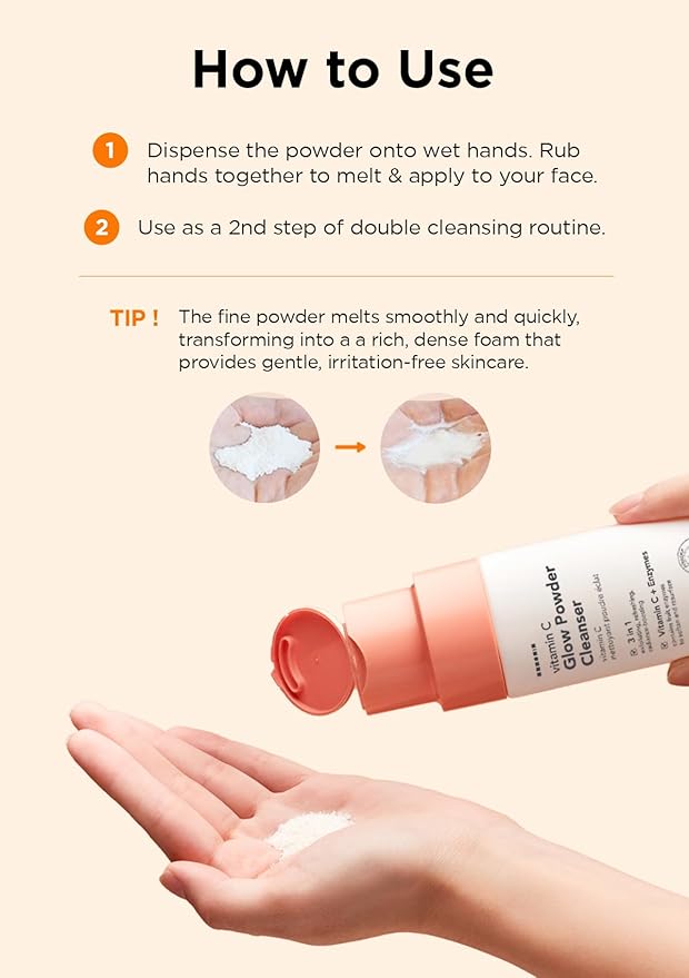 Hanskin Vitamin C Glow Powder Cleanser – Korean Brightening, Exfoliating Face Wash | Papaya Enzyme + Vitamin C for Radiant, Smooth, Even-Toned Skin | Gentle Daily Powder-to-Foam Cleanser | 2.36 fl oz
