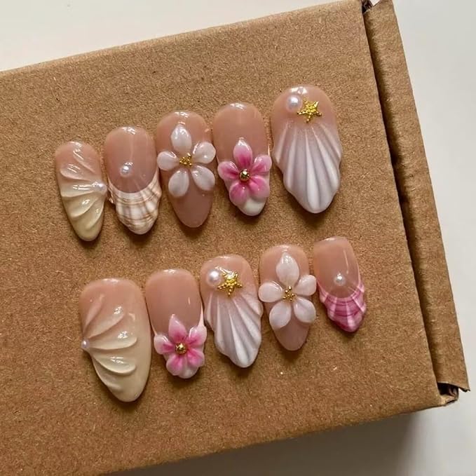 MAGLFELL Press On Nails Medium Length Almond Shape False Nails, Handmade Acrylic Gel Fake Nails with Art Designs, Reusable 10 Pcs 3D Nails for Women DIY Manicure Kit (Size L)