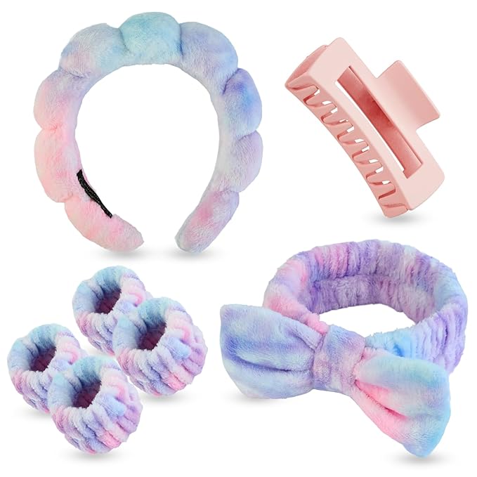 Yaqulen 7 Pcs Spa Set, Facial Headband and Wristband Set, Skincare Accessories, College Style Girl Idea Gifts, Hair Accessories for Women and Girls（Tie Dye）