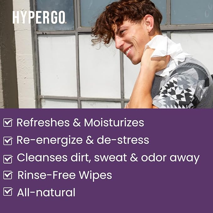 HyperGo XL Body Wipes for Women & Men – 12" x12" Rinse-Free Full Body Cleansing Wipes 2-20 Count Packs - Lavender | Biodegradable, Hypoallergenic, Aloe-Infused | Gym, Festival, Camping Essentials