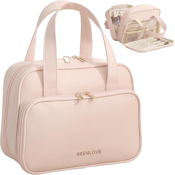 VISSUX Travel Makeup Bag, Large Capacity Waterproof Cosmetic Bag for Women, Opening Storage Toiletry Bag With Handle and Divider, Portable Makeup Organizer Bag for Travel & Daily Use (PINK)
