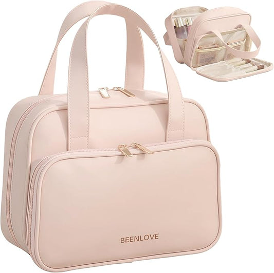 VISSUX Travel Makeup Bag, Large Capacity Waterproof Cosmetic Bag for Women, Opening Storage Toiletry Bag With Handle and Divider, Portable Makeup Organizer Bag for Travel & Daily Use (PINK)