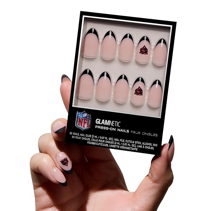 Glamnetic x Fanatics Press On Nails - Chicago Bears | Short Almond Fake Nails, NFL Bears Blue French Tips, Football Nails, Salon-Quality | 15 Sizes - 30 Nail Kit with Glue