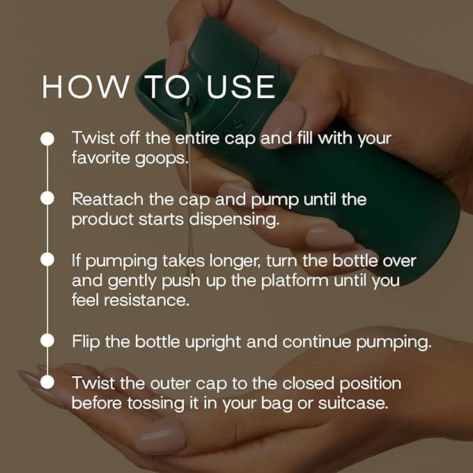RIES Essential Refillable Toiletry Travel Bottles – Set of 5 (3.4oz & 1.7oz) Airless Pump Containers for Shampoo, Conditioner, Body, Face – Leak-Proof, TSA-Approved, Dishwasher Safe- Escapade Green