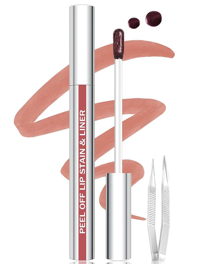 QCMME Lip Stain Peel Off Lip Liner Stain with Tweezer, Long Lasting Matte Lip Tint Tattoo, Highly Pigmented Color Lip Makeup, Waterproof Lipstick, Transfer-proof Lipstain for Women, Nude