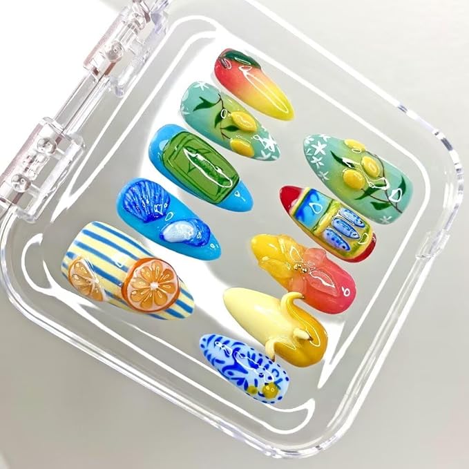 Small MAGLFELL Women Press On Nails - Medium Almond False Nails 10Pcs Luxury Handmade 3D Painting Art ABS Acrylic Artificial Fingernails-S szie