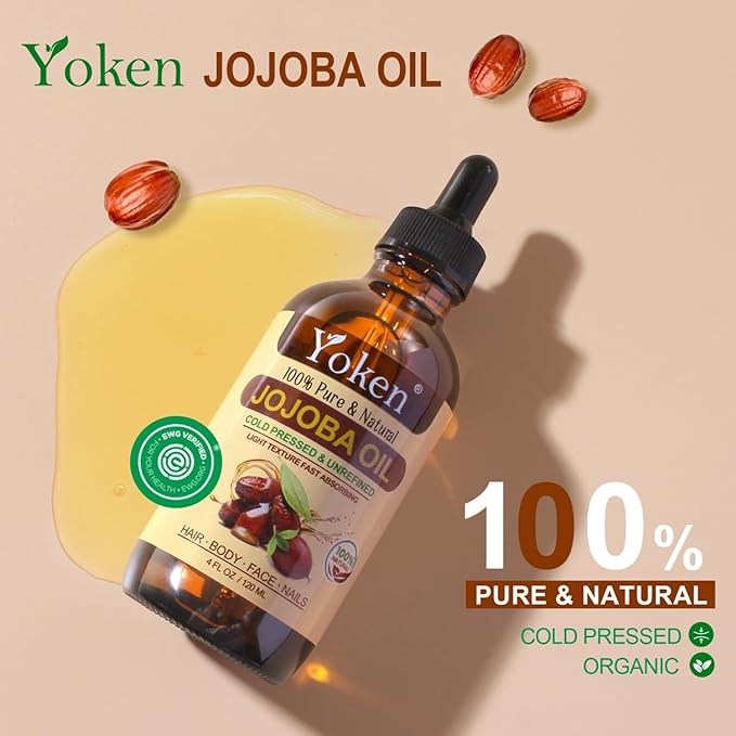 4oz Jojoba Oil (EWG Verified) 100% Pure Cold Pressed Jojoba Oil for Face, Hair, Nails and Skin, Unrefined & Hexane Free, Natural Body Facial Moisturizer Multi-purpose oil Base Carrier Oil