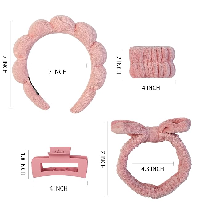 Yaqulen 7 Pcs Spa Set, Facial Headband and Wristband Set, Skincare Accessories, College Style Girl Idea Gifts, Hair Accessories for Women and Girls（ Coral Pink）