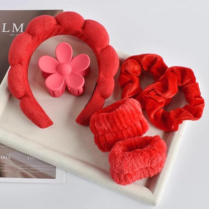 BluOcnMkt 6PCS Skincare Headbands for Women Red Spa Makeup Headband Set, Large Flower Hair Claw Clip, Velvet Elastic Hair Scrunchies