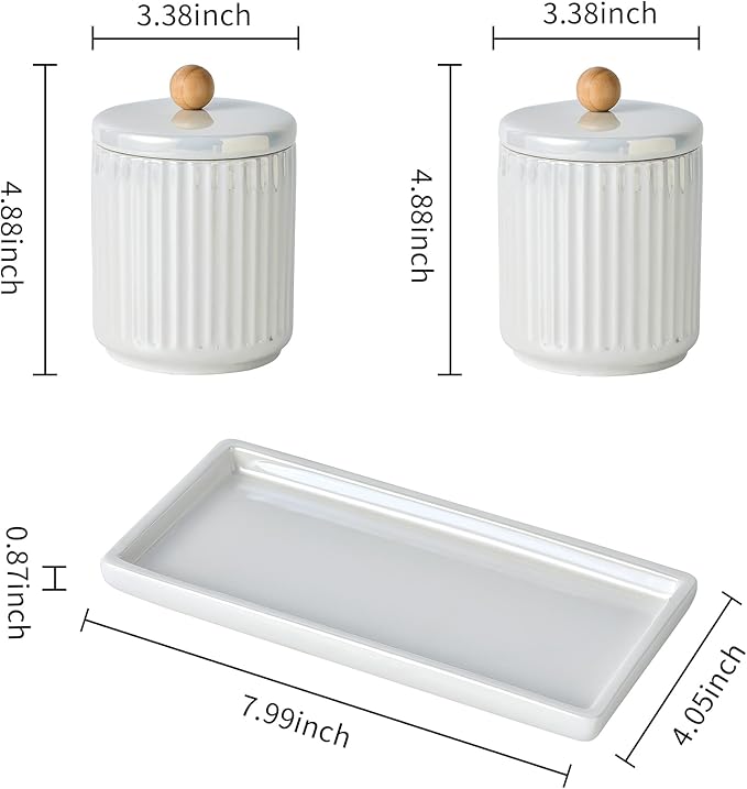 Redelaenor Ceramic Bathroom Canister Set with Coordinating Small Vanity Tray Qtip Holder Dispenser for Cotton Ball,Swab,Pads, Floss, Bathroom Storage Jars with Lids Pearl White