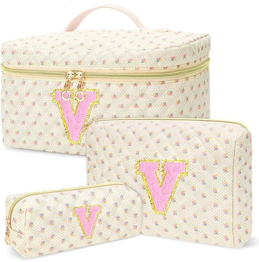 3 PCS Travel Makeup Bag Set, A–Z Initials Cotton Quilted Cosmetic Bag for Women & Preppy, Personalized Toiletry Bag Travel Accessories Makeup Brushes Organizer, Valentine’s Day & Birthday Gift for Her