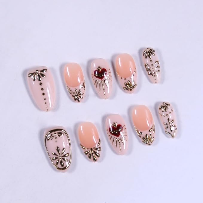 Press On Nails - Short Almond Handmade Unique Fake Nails, Artistic Design, Thick Acrylic and Muti-Layer Gel False Nails, Reusable UV Gel Cured Sturdier 3D Fake Nails,DIY Art Decorate