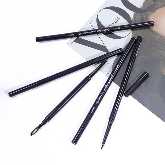 Black Ultra-Fine Tip Eyebrow Pencils Pack for Women, 5Pcs Mechanical Precise Brow Pencil with Brush,Draws Tiny Brow Hairs, Defines, Fills Brows, Shapes, Contours, Combs, Waterproof
