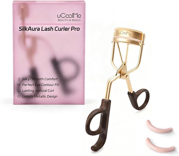 uCoolMe Eyelash Curler with 2 Refill Pads, No-Pinch Design & Comfort Grip for Natural Lash Lift, Cruelty-Free Lash Curler for All Eye Shapes, Easy to Use for Home and Travel (Gold)