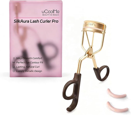 uCoolMe Eyelash Curler with 2 Refill Pads, No-Pinch Design & Comfort Grip for Natural Lash Lift, Cruelty-Free Lash Curler for All Eye Shapes, Easy to Use for Home and Travel (Gold)