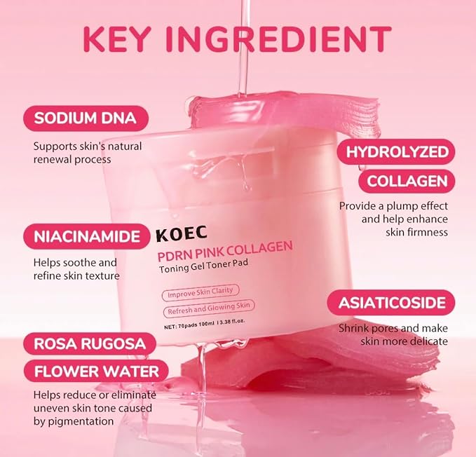 Beautivana KOEC PDRN Pink Collagen Toning Gel Toner Pads, 70 Count, Hydrating Facial Treatment for Smooth Plumped Skin with Improved Clarity, 3.38 fl.oz