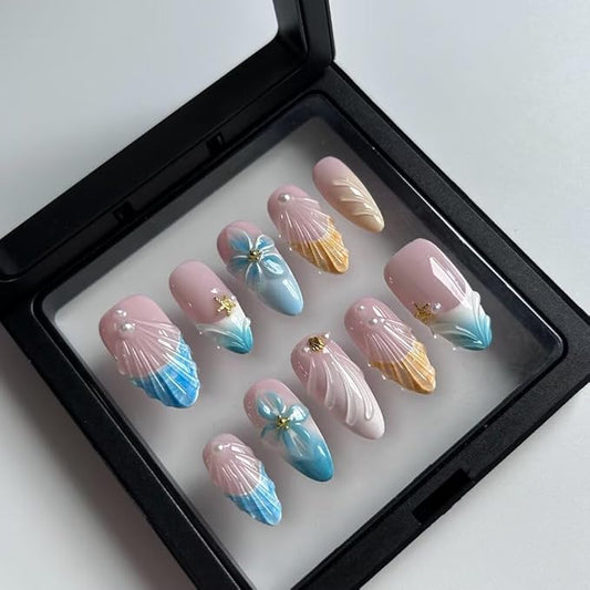 Press On Nails Medium Almond Shape - 3D Handmade Acrylic Gel Fake Nails with Glitter Designs, Reusable Thick Almond Nails for Women DIY Manicure Kit (10PCS, L Size, Easy Application)