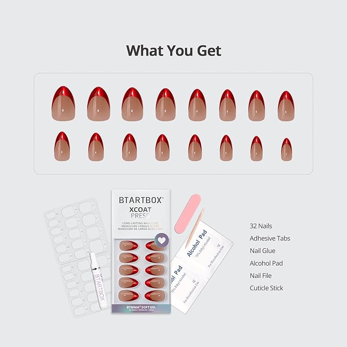 BTArtbox French Tip Press On Nails - Ruby Slipper, Lamp-Curable Red Cat Eye Short Almond Press On Nails with Glue and Adhesive Tabs for Women in 16 Sizes - 32 Soft Gel Glue On Nails Kit