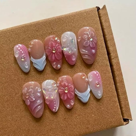 Small size Press On Nails - Luxury Almond 3D False Nails Women Reusable ABS Material Finger Printed Nail Tip French Salon Design-S size