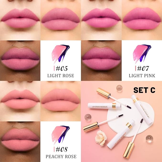 JUAAZIN 3Pcs Peel Off Lip Stain Tattoo with Tweezer - Matte Peel Off Lip Tint, Long Lasting Waterproof Transfer-Proof Lip Stain,Cruelty-Free Lip Masque for All Skin Types,Valentine's Day Gift 05+07+08