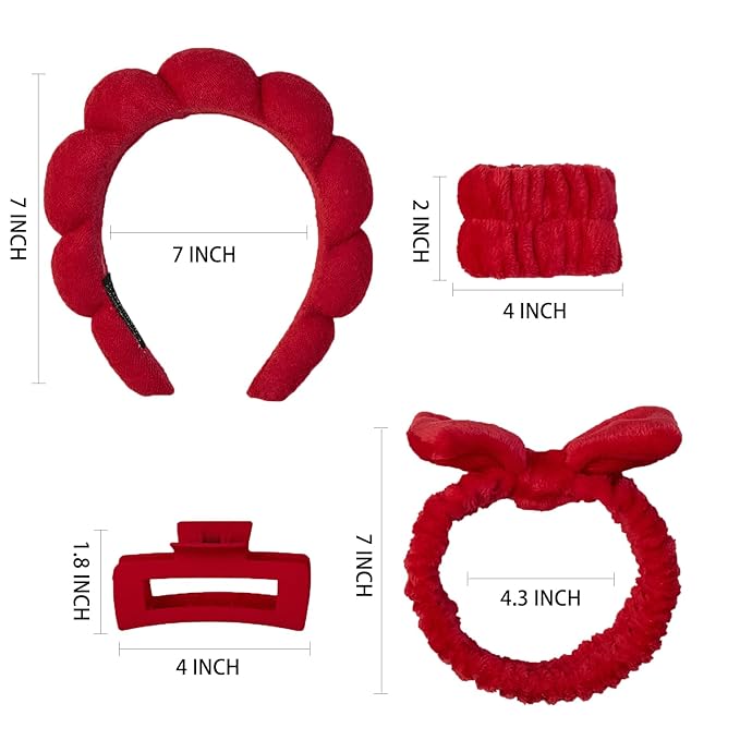 Yaqulen 7 Pcs Spa Set, Facial Headband and Wristband Set, Skincare Accessories, College Style Girl Idea Gifts, Hair Accessories for Women and Girls（Red）