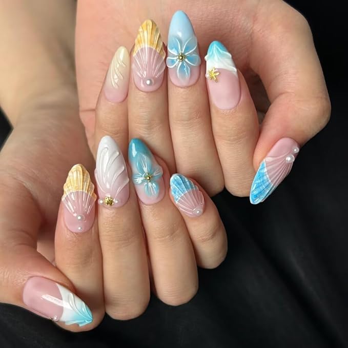 MAGLFELL Press On Nails - Medium Almond Handmade Unique Fake Nails, Salon Nails, Durable Acrylic and Muti-Layer Gel Nails Reusable 3D Fake Nails M size