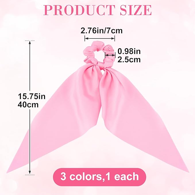 YALOJE 3PCS Scarf Scrunchies with Long Tails, Elastic Silky Satin Bow Hair Ties for Women, Ribbon Hair Scarf Scrunchy, Ponytail Holders Hair Decoration for Women -Pink, Blue, Purple