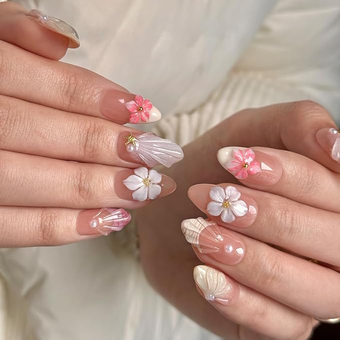 MAGLFELL Press On Nails - 3D Almond Handmade Unique French Fake Nails, Thick Acrylic and Muti-Layer Gel False Nails, Reusable Gel Cured Sturdier Fake Nails (Size S)