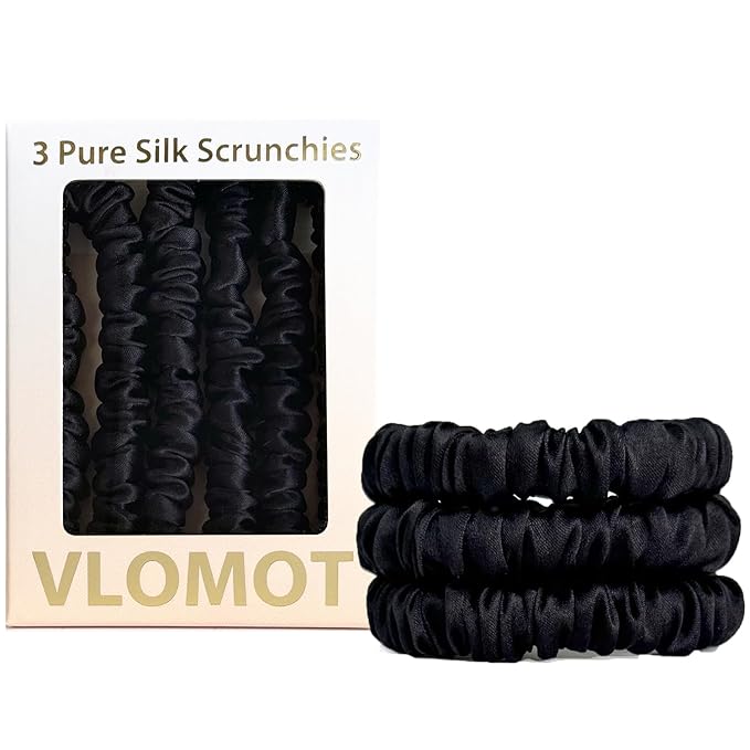 VLOMOT 3 Pcs Set 100% Pure Mulberry Silk Hair Scrunchies Hair Ties with 3 Chic Colors Everyday Skinny Scrunchies Silk Ponytail Holders Hair Care No Damage (Black)