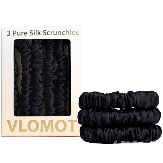 VLOMOT 3 Pcs Set 100% Pure Mulberry Silk Hair Scrunchies Hair Ties with 3 Chic Colors Everyday Skinny Scrunchies Silk Ponytail Holders Hair Care No Damage (Black)