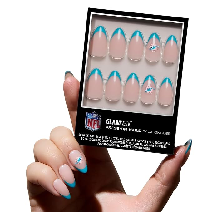 Glamnetic x Fanatics Press On Nails - Miami Dolphins | Short Almond Fake Nails, NFL Dolphins Blue French Tips, Football Nails, Salon-Quality | 15 Sizes - 30 Nail Kit with Glue