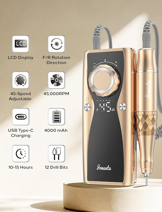Electric Nail Drill Professional Kit: 45,000 RPM USB Rechargeable Efile Nail Drill Nail File with 12 Bits for Polishing Gel/Acrylic Nails- Portable Manicure Tool Set for Salon/Home-Gold