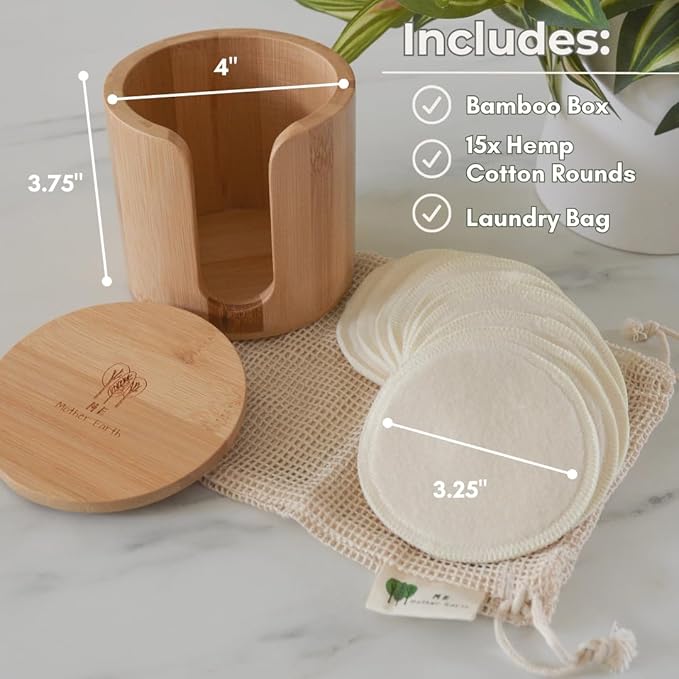 Reusable Hemp Cotton Rounds 15-Pack with Bamboo Storage Box – Ultra-Soft Organic Face Pads for Makeup Removal, Skincare Accessories, and Eco-Friendly Beauty Essentials