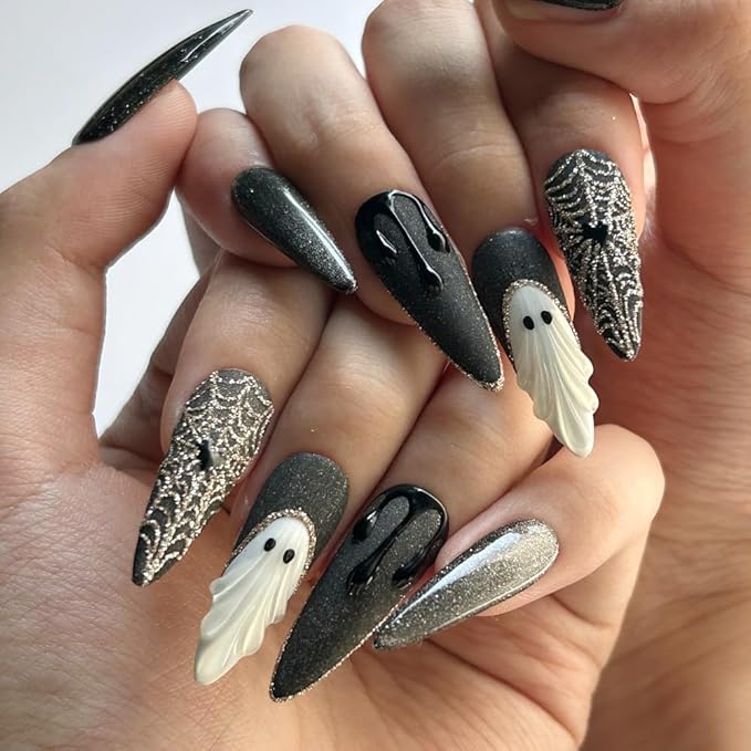 MAGLFELL Press On Nails Handmade Long Stiletto Fake Nails, Horror Black Blood Ghost Sparkling Design,10 Pcs Reusable ABS Material Finger Painting Fingernail Tip Salon Artificial Nails Kit (Size M）