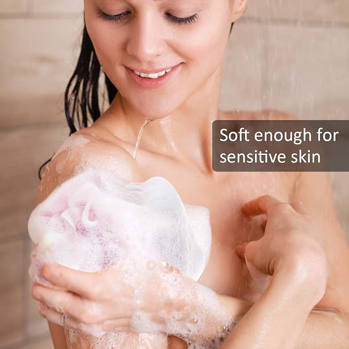 Loofah Bath Sponge, Novosun Mesh Pouf Shower Sponge Soft Exfoliating Shower Luffas for Silky Skin Pack of 4 Pastel Colors, XL (80g/pcs)