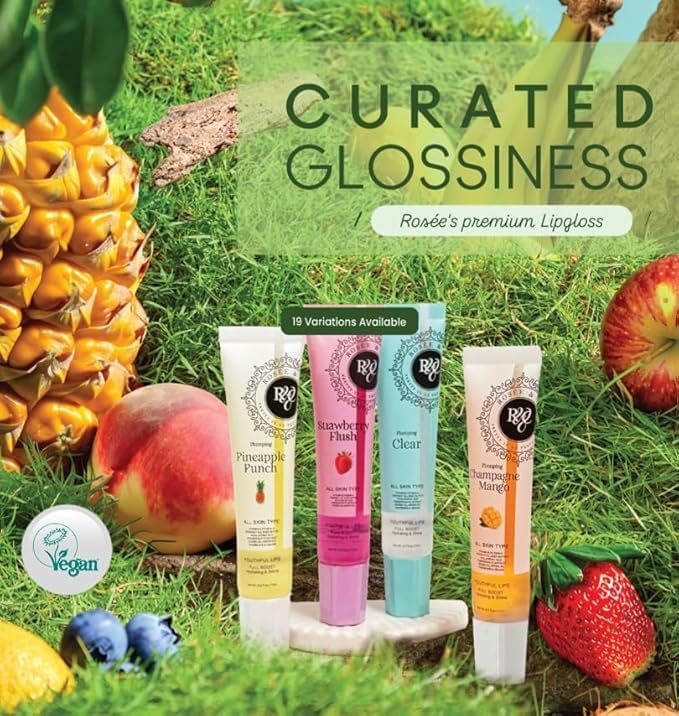 Rosee Lip Gloss Vegan & Cruelty Free Treatment, Professional Make up, Long Lasting Glossy with Shea Butter, Moisturize, Protect & Smooth, High Shine, Non-Sticky (c.Coconut, 0.5)
