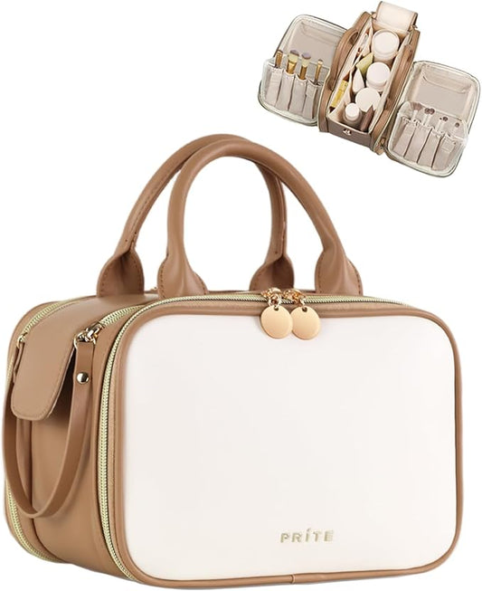 Prite Travel Makeup Bag Women’s Large Capacity Waterproof Cosmetic Organizer Portable Open Flat Toiletry Case with Free-standing Brush Holder and Handle(Beige Brown Large)