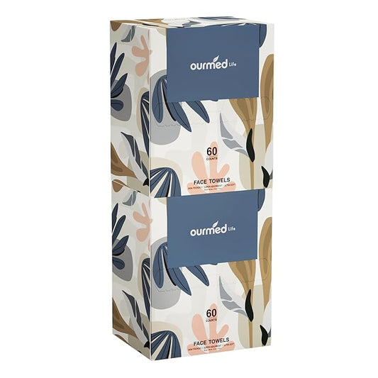 Ourmed Life Face Towels, Disposable Biodegradable Facial Towels for Sensitive Skin, Lint- free Facial Wipes for Washing Face, Skincare and Makeup Remover, Dry Wipes, 10"×7.9" Extra Large, 120 Count