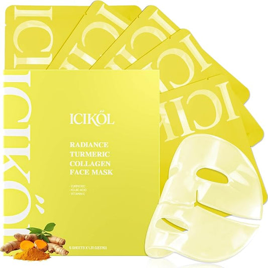 ICIKOL Radiance Turmeric Collagen Face Mask, 5 Pack - Overnight Calming Ance Mask with Kojic Acid for Roughed Skin & Dullness, Oil Control & Pore Refining Facial Sheet Mask