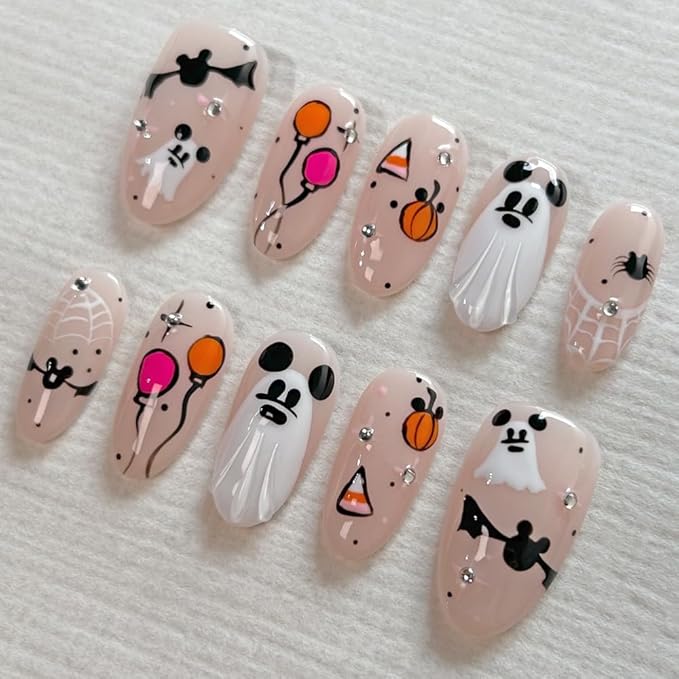 MAGLFELL Press On Nails Handmade Medium Length Oval Fake Nails, Painting Cute Ghosts Design,10 Pcs Reusable ABS Material Finger Painting Fingernail Tip Salon Artificial Nails Kit (Size M）