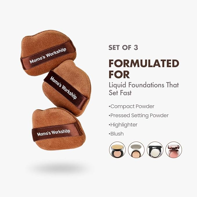 3-Pack Short Velour Powder Puffs with 85° Pointed Tip, for Precise Highlighting & All-Over Powder Setting, Dual-Sided Brown Puff for Cake Powder, Compact Foundation & Blush & Storage Case