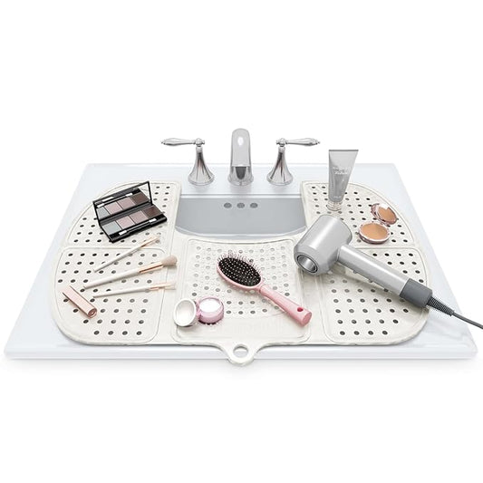 Sink Topper Bathroom Counter Cover & Storage Saver, Foldable Silicone Mat for Hot Tools, Hair Styling & Makeup, Beauty Brush Cleaning Mat, RV Camper Sink Cover & for Small Spaces (Large Pearl)
