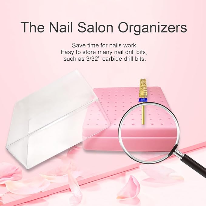 CORFULRA Nail Drill Bits Holder, Nail Organizer Box for Nail Drill Bits, Large Space of Container Case for Drill Bits for Nails, 100 Holes Dustproof Displayer Box of Nail Supplies for Nail Tach, Pink