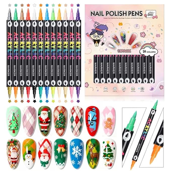 GELLAKTIK 24 Colors(12Pcs-dual) Nail Art Pens Set, 3D Nail Polish Pens Quick-Drying Acrylic Paint Markers, Dotting Liner Brush for DIY Nail Design, Home & Salon Manicure Tools, MarkerPen