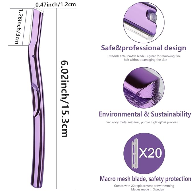 ANDIMEI Professional Dermaplaning Tool Set with 20 Replaceable Stainless Steel Blades, Face Exfoliation Razor for Peach Fuzz Removal, Eyebrow Shaping, All Skin Types (Purple)